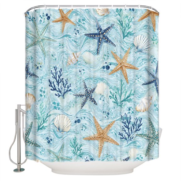 Coastal Starfish Bathroom Shower Curtains with 12 Hooks Polyester Waterproof Shower Curtain for Stalls and Bathtubs Nautical Beach Ocean Coral Shells Conch Decorative Bathroom Curtain 54x78 Inches