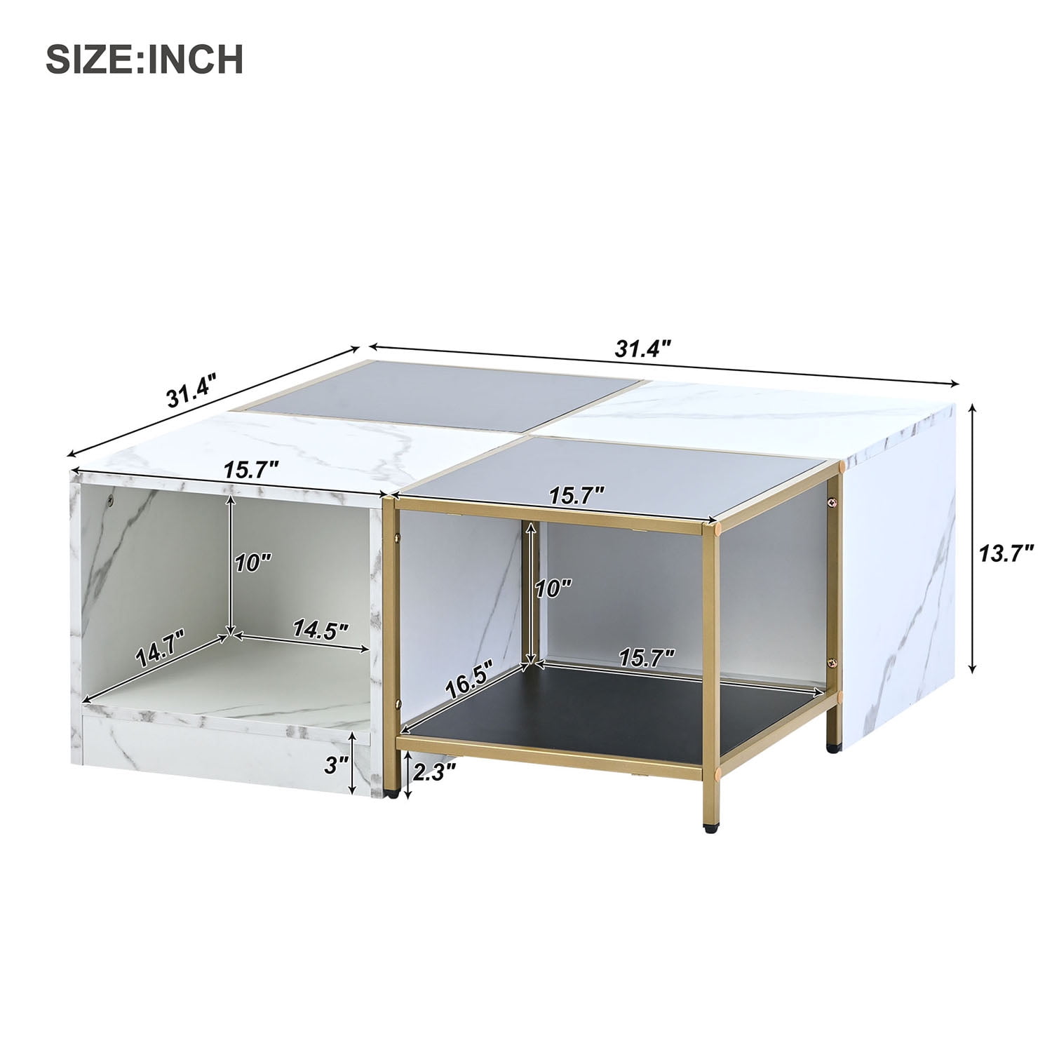 Kadyn Modern Coffee Table, Particle Board Tea Table with Metal Frame, Simply Assemble Square Corner Tables with High Gloss White Marble Finish, White+Black