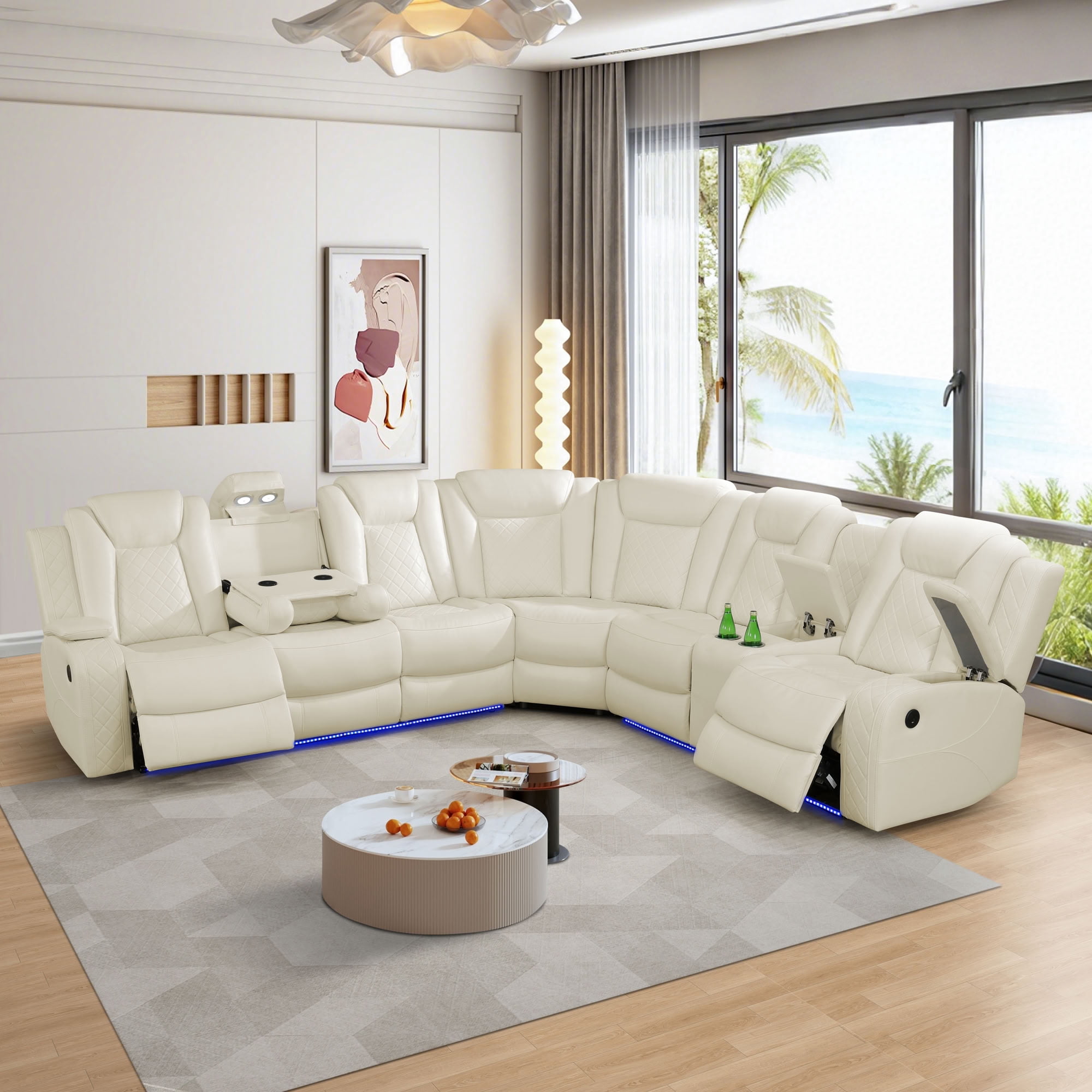 MAYEERTY Power Reclining Sectional Sofa, L-Shape Recliner with Wireless Charging and LED Lights, for Living Room, Home Theater