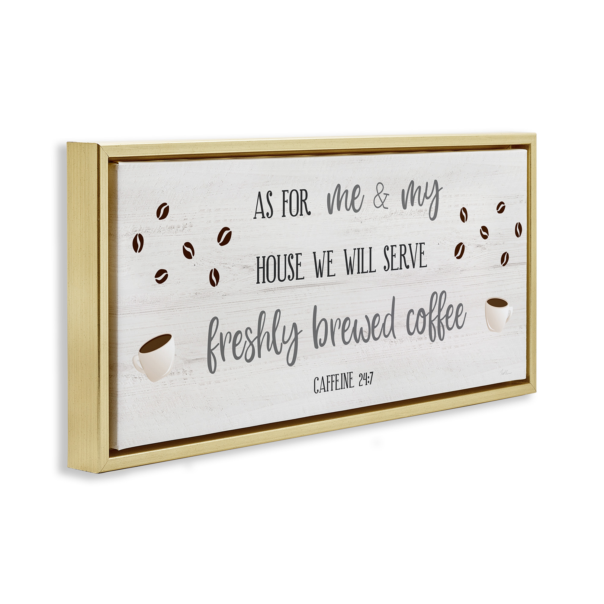 Stupell Industries Fresh Coffee 24:7 Caffeine Proverbs Religious Painting Gold Floater Framed Canvas Art Print Wall Art, 25 x 11