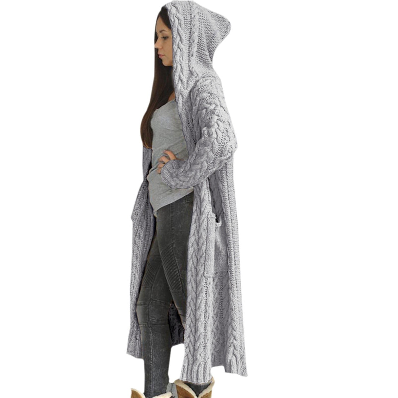 Hvot&aat Women's Cable Knit Hooded Sweaters Open Front Cardigan Long Sleeve Sweater Coats Oversized Maxi Jacket with Pockets