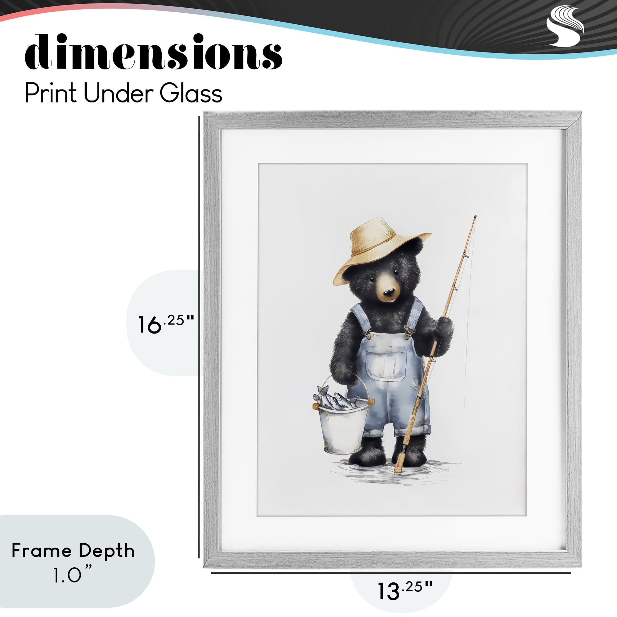 Stupell Industries Fishing Bear in Straw Hat Gray Framed Print Under Glass, design by Arlington Prints