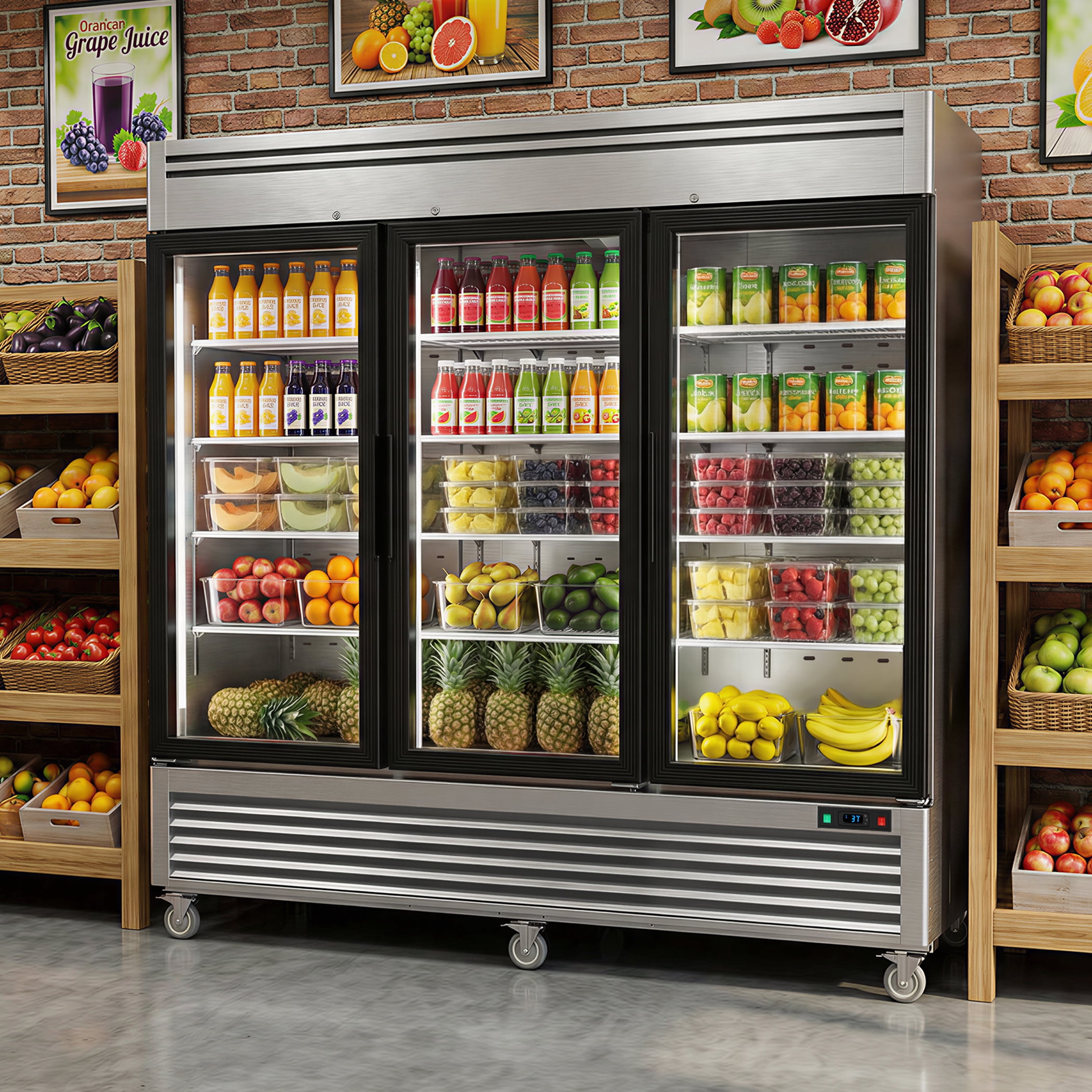 Coolake 82" Commercial Refrigerator 3 Glass Door, 72 Cu.ft Stainless Steel Upright Merchandiser Cooler, 33℉~41℉