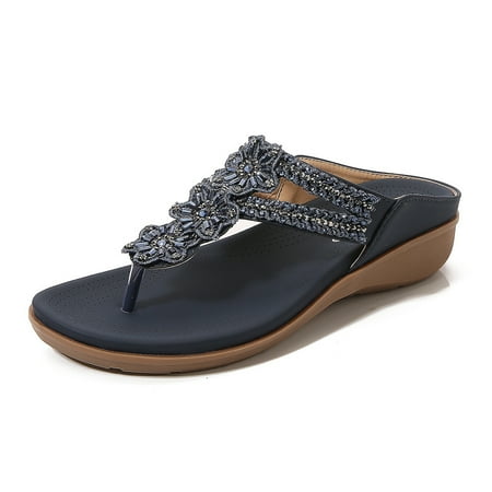 

Women‘s Floral Rhinestone Wedge Slippers Open Toe T-strap Thong Slides Shoes Boho Casual Beach Sandals Shoes