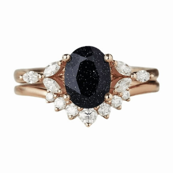 Oval Cut Blue Sandstone Engagement Ring Set in 14k Rose Gold Finish - Curved Wedding Band Ring For Women