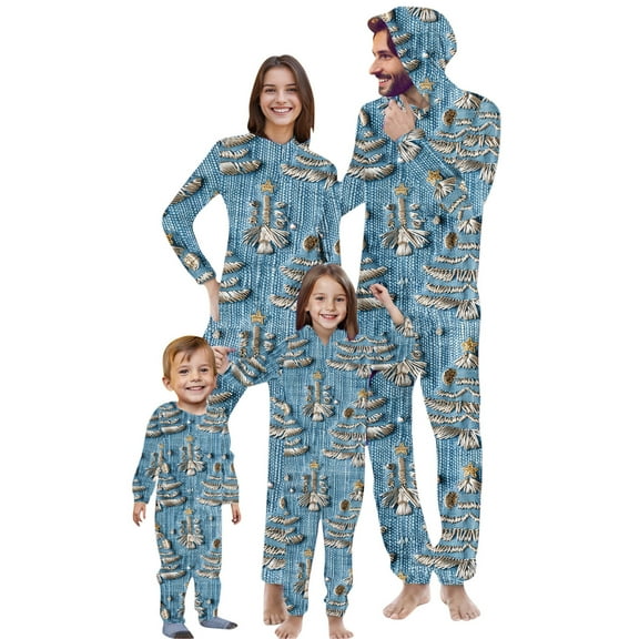 Odeerbi Christmas Onesie Pajamas for Family Holiday Sleep Jumpsuit Long Sleeve Family Christmas Pajamas Matching Sets Dad Fashion Printed Hooded Jumpsuit Sleepwear PJs Set Blue