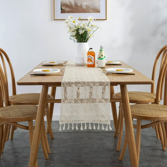 Farmhouse Rustic Cotton Table Runner for Dinning Table Decor with Tassel