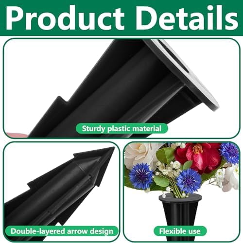 12 Pcs Memorial Artificial Flower Holder, Patio Garden Floral Ground Spikes, Cemetery Flower Container Stakes for Outdoor Yard Grave Faux Flowers Indoor Window Box Planter Pot (Black)