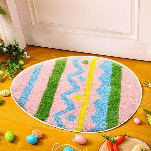 Felpudo de Pascua ZJT250120077 | Suave tapete ovalado de cachemira sintética de 40 x 60 cm con base antideslizante | Diseño de huevos de Pascua multicolor | Decoración para puerta de entrada, cocina