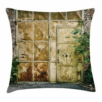 Industrial Throw Pillow Cushion Cover, Rustic Brick House Still Door with Moss and Dirt Urban Garage Outdoor Image, Decorative Square Accent Pillow Case, 16 X 16 Inches, Green Yellow, by Ambesonne