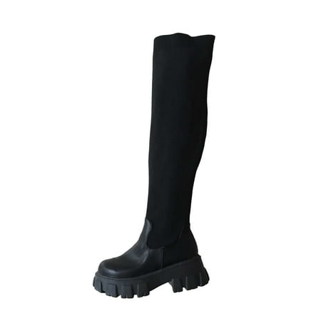 

Rdeuod Knee High Boots Women Fashion Large Size Boots Autumn Long Tube Low Heeled Platform Shoes Boots Knitting Over The Knee Boots
