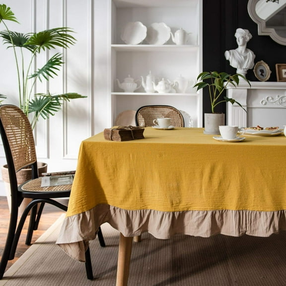 Retro Farmhouse Ruffle Tablecloth Cotton Linen Tablecloth with Flounces Trim Dust-Proof Washable Table Cover for Kitchen Party Dinner Picnic Decor (Rectangle140*180cm Yellow)