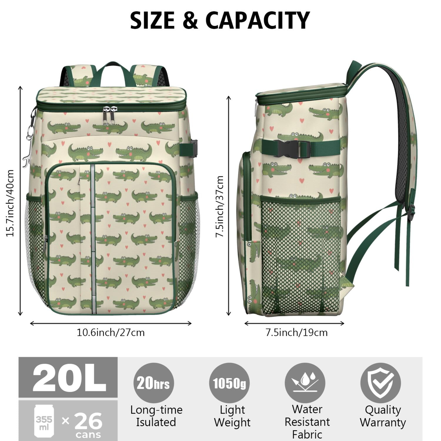 Travel Cooler Bag - Beige Crocodiles Hearts Pattern Camping Beer Cooler Backpack with Bottle Opener- Waterproof Insulated Picnic Backpacks - Cooler Bag for Beach