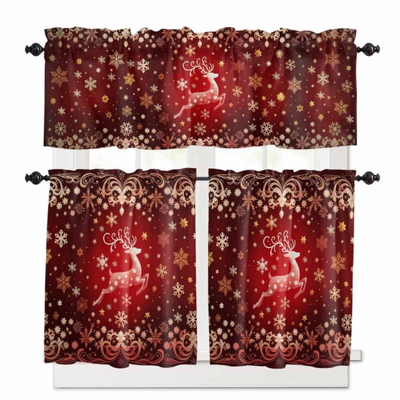 Christmas Reindeer Kitchen Curtains and Valances Set, Gold Snowflakes Winter Red Fantasy Rod Pocket Window Valance 18 Inch Window Curtain Panels for Living Room Bedroom Laundry, 27.5x36in, 3 Pieces