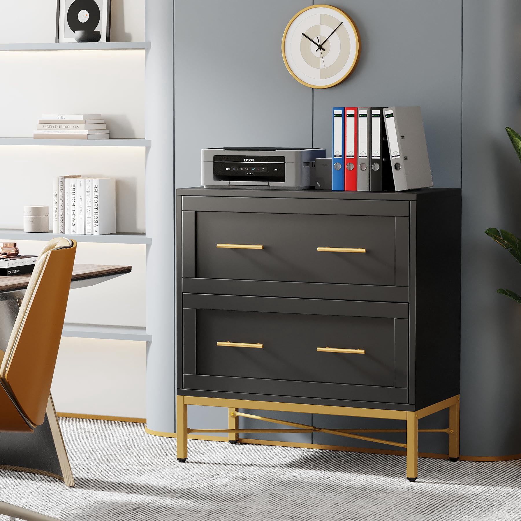 Tribesigns 2 Drawer File Cabinet, Modern Lateral Filing Cabinet for Letter/Legal/A4, Large Printer Cabinets,Black, Gold and Brown