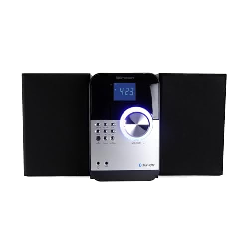 Emerson ES-4000 Micro sistema de música Bluetooth con MP3, reproductor de CD, radio FM, despertador, reproducción USB, entrada auxiliar, pantalla LED, diseño compacto y control remoto