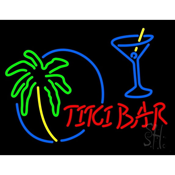 Tiki Bar With Wine Glass LED Neon Sign 15 x 19 - inches, Clear Edge Cut Acrylic Backing, with Dimmer - Bright and Premium built indoor LED Neon Sign for Bar decor.
