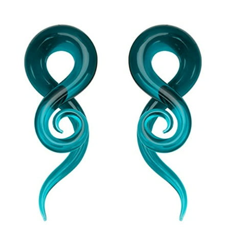 - BodyJ4You 2PC Glass Ear Tapers Plugs 00G Teal Teardrop Spiral Gauges Piercing Jewelry Set