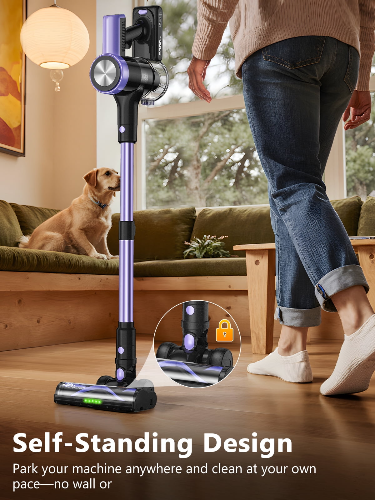 H28 Cordless Stick Vacuum Cleaner, 500W Brushless Motor, Self-Standing, Wall Charging, 55 Min Runtime, Lightweight for Hard Floors & Carpets, Purple