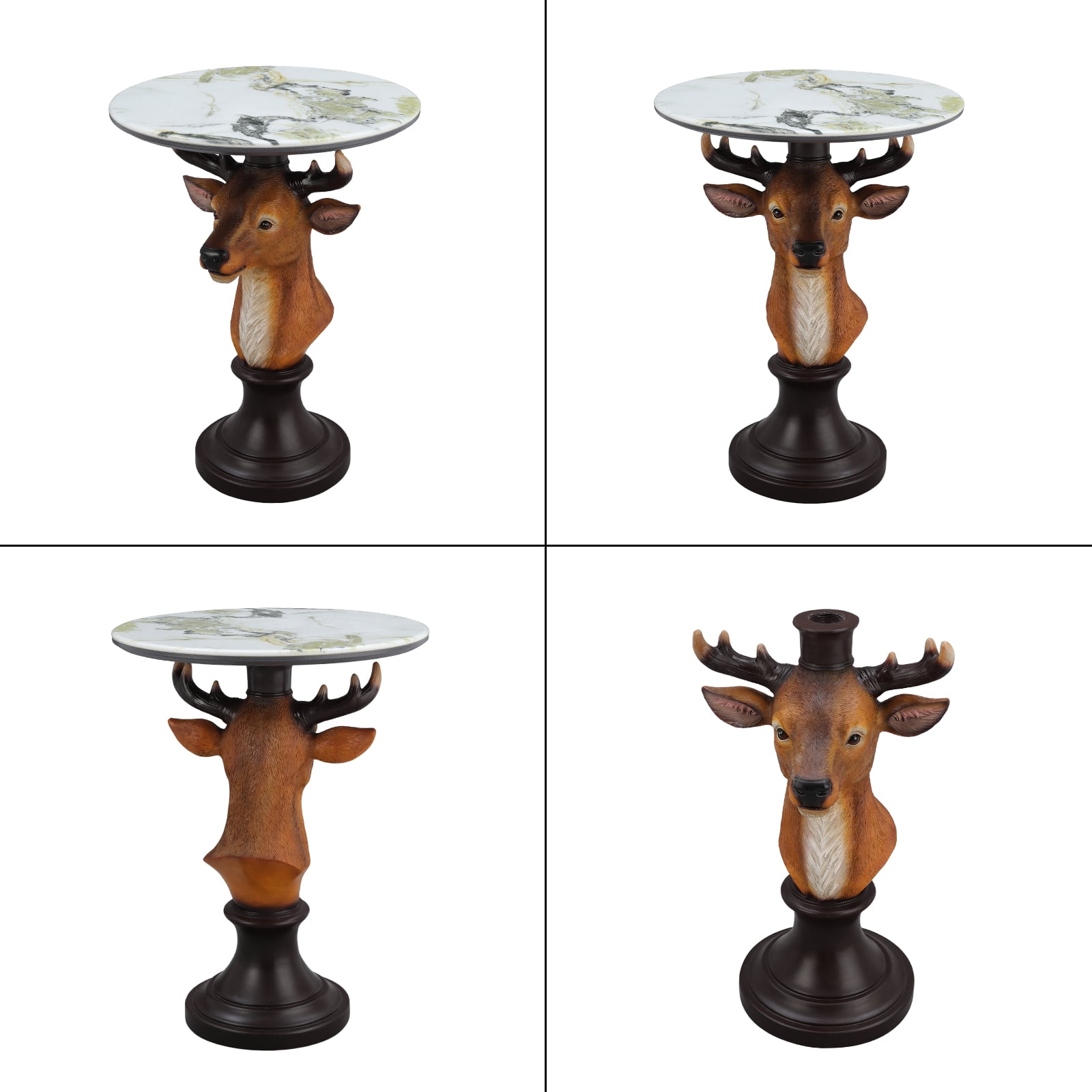 Deer Head Accent Table, Animal Statue End Table with Faux Marble Top, Resin Sculpture Side Table for Living Room, Cabin, Lodge, Rustic Decor, Brown