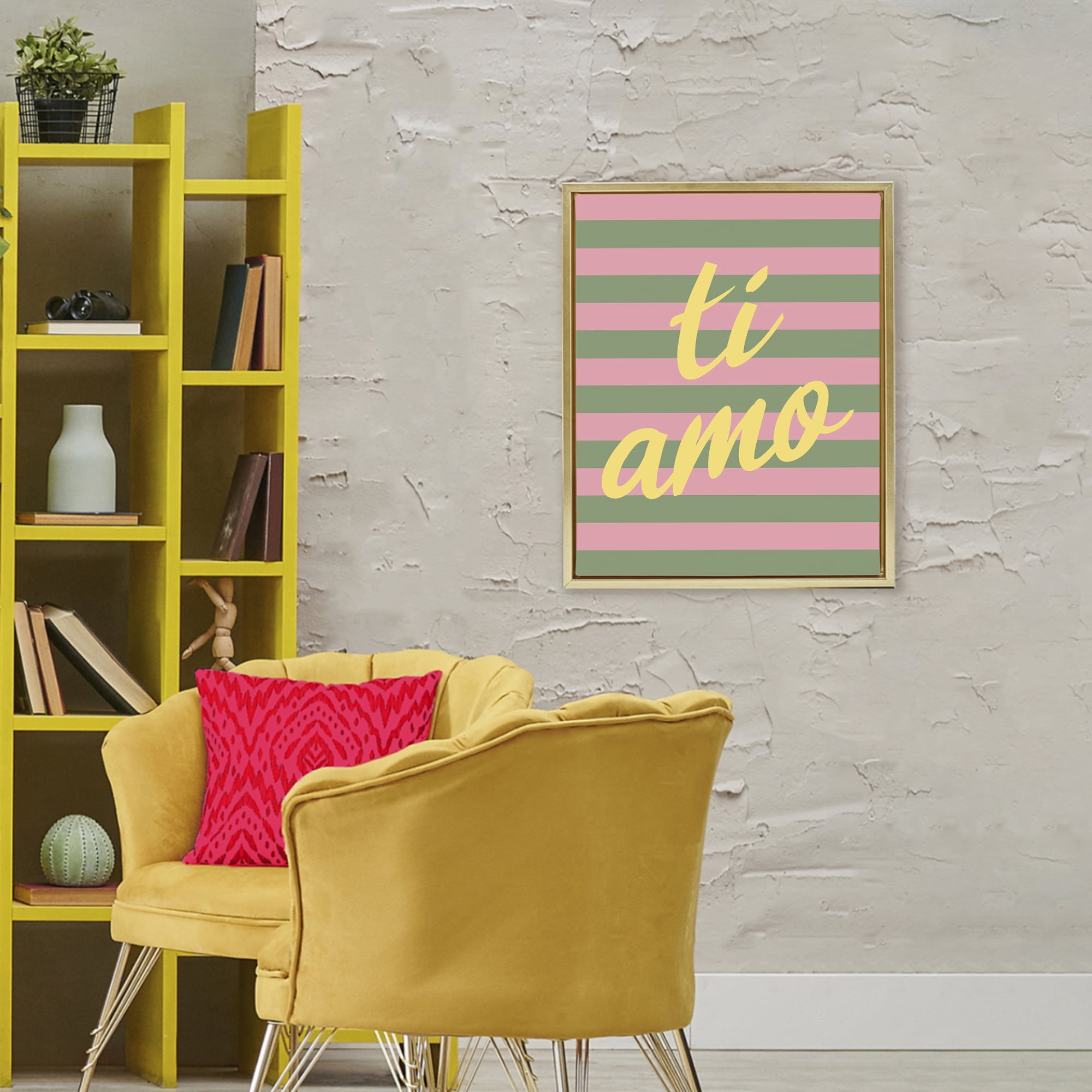 Stupell Industries Ti Amo Pink Green Stripes Gold Framed Floater Canvas Wall Art, design by SD Graphics Studio