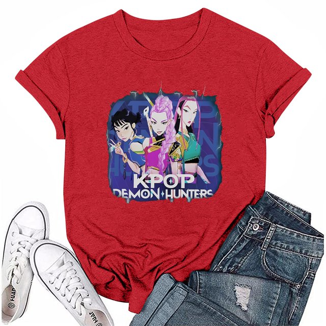 Moonsky Camiseta unisex Huntrix Dem-0n, colores cómodos, camiseta Huntrix para niñas, camiseta Mira Rumi Joey, merchandising, regalo juvenil para fans del K-pop (Rojo M)