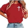 thumbnail image 2 of Womens Graphic Tee with Cross Print - Short Sleeve Casual T-Shirt, Red Relaxed Fit Cropped Top, Christian Faith Shirt for Women, Soft Blend,Size 2XL, 2 of 5