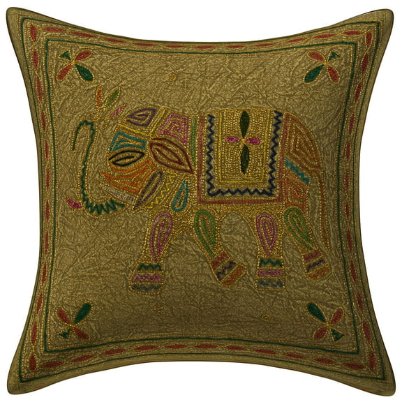 Stylo Culture Indian Couch Throw Pillow Cover 16 x 16 Gold Thread Embroidered Olive Green Ethnic 40cm x 40cm Home Decor Cotton Elephant Square Cushion Cover | 1 Pc
