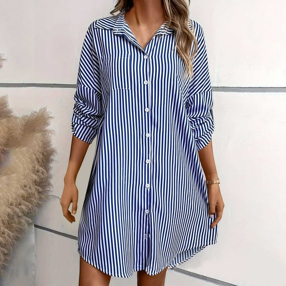 DAFPZW Striped Button Down Shirt Dress for Women Casual Loose Oversized Collared Shirts Long Sleeve Tunic Blouse Tops