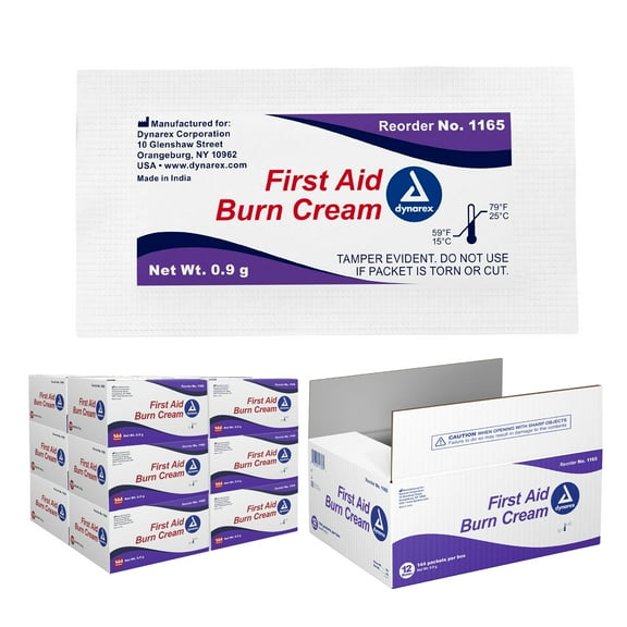 Dynarex First Aid Burn Cream - Burn Ointment For Minor Cuts, Wounds, Burns, Water-Based Formula with Benzalkonium Chloride, 0.9g Packets, 12 Boxes of 144 Packets per Box