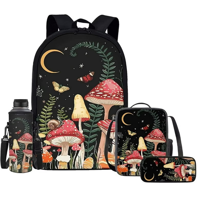 Pzuqiu Mushroom Backpack Butterfly School Bag with Lunch Bag for Girls Kids School Backpack Pencil Case Water Bottle Sleeve Elementary Preschool