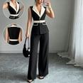 thumbnail image 5 of Women's Color Block Lapel Sleeveless Vest Straight Leg Pants 2 Piece Outfit, Belted Blazer Matching Suit Black S(S), 5 of 7