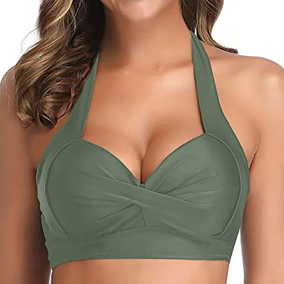 REORIAFEE Women's Bathing Suits Tropical Beachwear Halter Backless Bikini Tops Green L