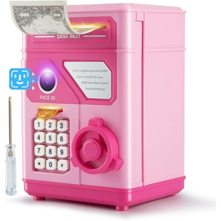 Electronic Piggy Bank for Kids Safe 2025, Pink Money Savings Bank with Password & Face ID Simulation, Mini ATM Safe Coin Bank with Auto Bill Slot, Christmas Birthday Toy Gift for Girls Age 6 7 8 9 10