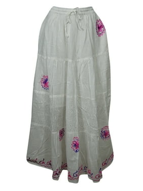 Mogul Women White Skirt, Maxi Skirt, Tiered Skirts, Gypsy Skirts,Falls Breezy Long Skirts M/L