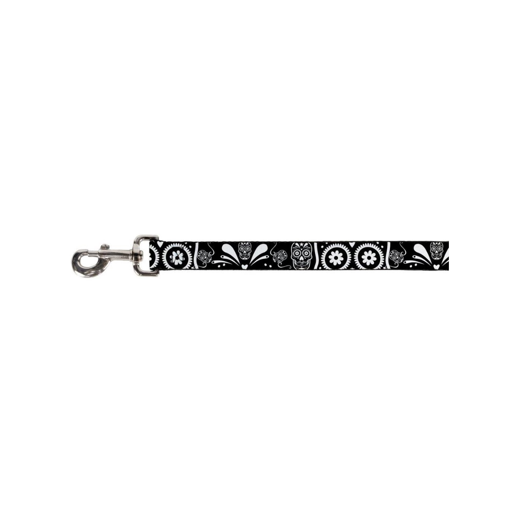 White Floral Skull Flowers Artistic Deisgn on Black Fun Animal Pet Dog Cat Leash