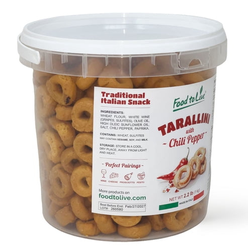 Tarallini with Chili Pepper, 2.2 lb (1 kg) – Traditional Italian Pugliese Snack. Oven-Baked Crunchy Crackers. No Sugar Added. Yeast-Free. Vegan (Pack of 6)