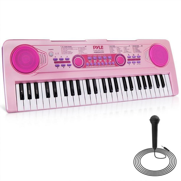 Pyle, 49, piano con teclado eléctrico, teclado musical, 49 teclas, diversión de karaoke, batería recargable, micrófono con cable, 100 melodías, 50 demostraciones, entrada auxiliar, diseño compacto, (P