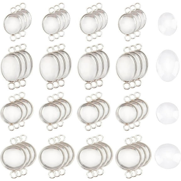 1Box 80pcs 2 Styles 2 Sizes Stainless Steel Flat Round Pendant Trays Oval Blank Pendants Lace/Plain Edge Bezel Cups with Transparent Glass Cabochons for Jewelry Making