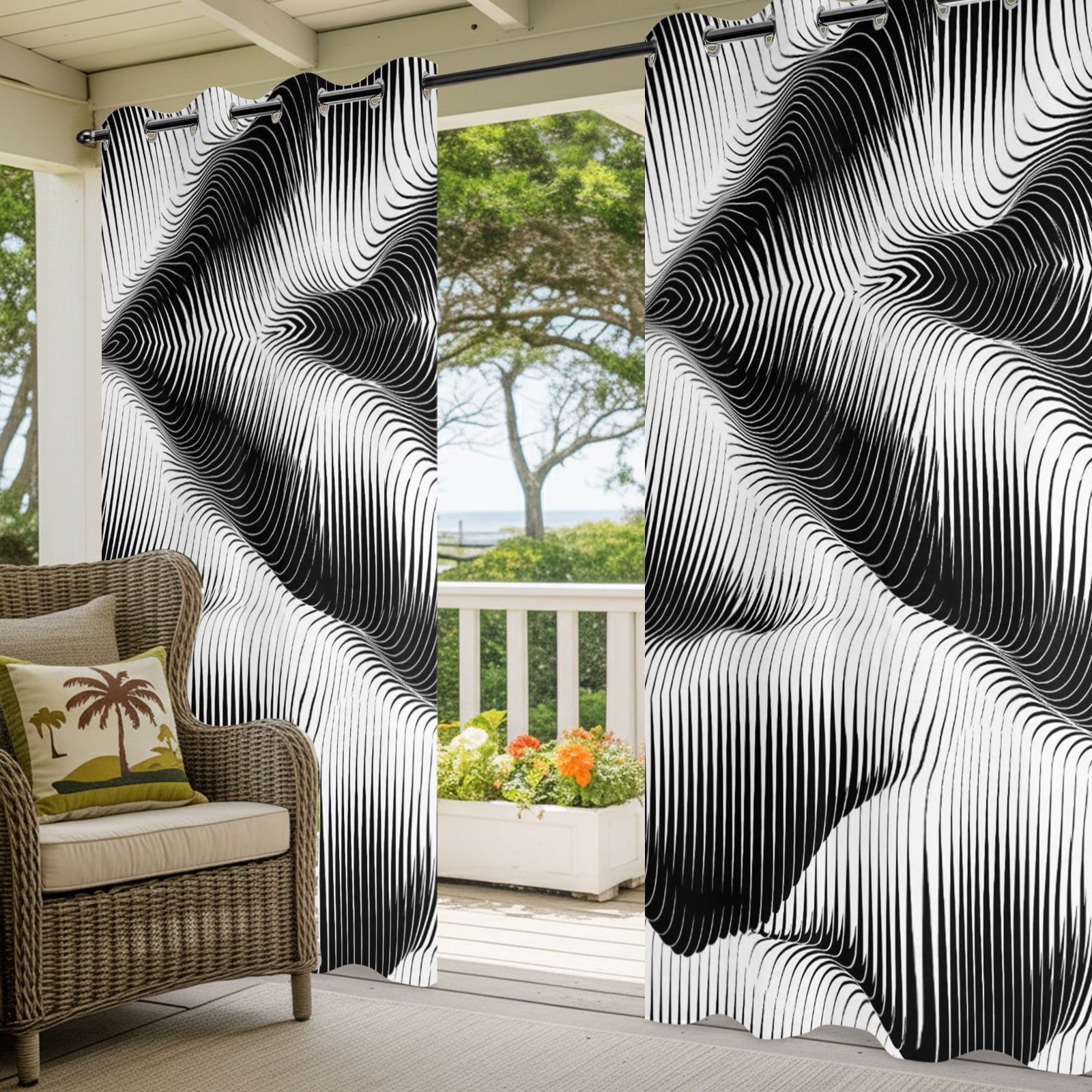 Abstract Hills Outdoor Curtains for Patio, Geometric Modern Curves Black White Sunshade Privacy Drapes Grommet Waterproof Outside Curtains for Porch/Cabana/Balcony 54"x 108", 1 Panel
