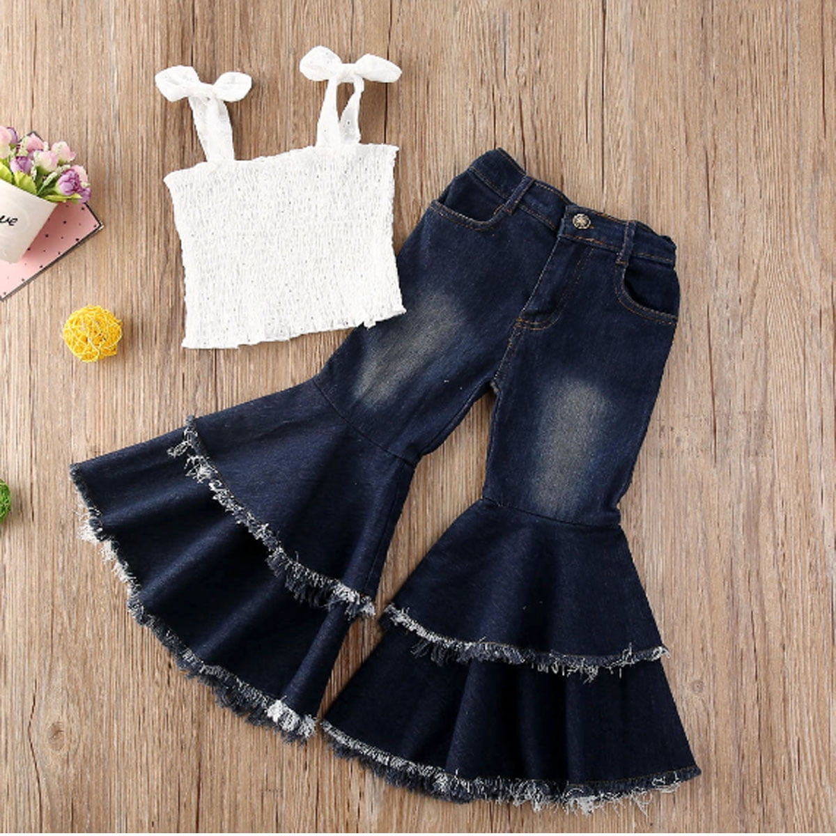 ruffle bell bottom pants denim