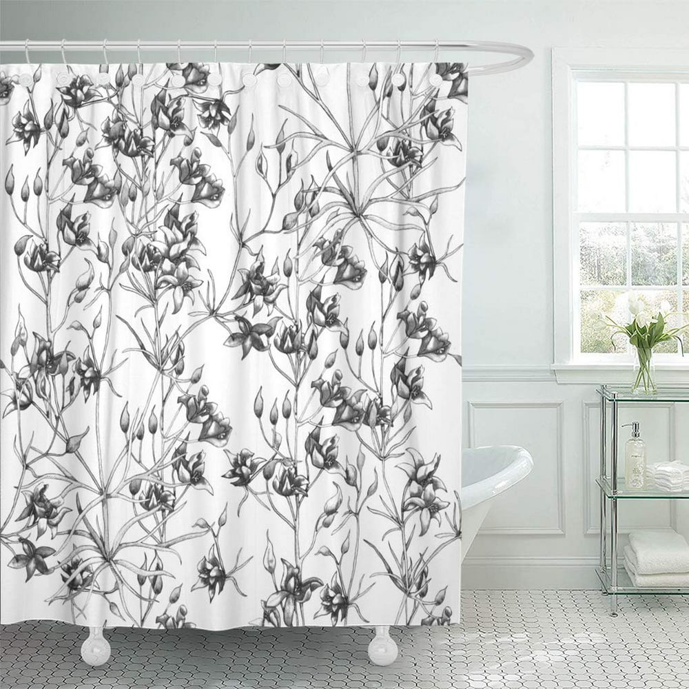 KSADK Black Botany Floral Monochrome Pattern White Branch Shower