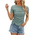 thumbnail image 4 of WREESH Women's Ruched Crop Top Elegant Solid Color Asymmetric Neck Summer Blouse Green, 4 of 5