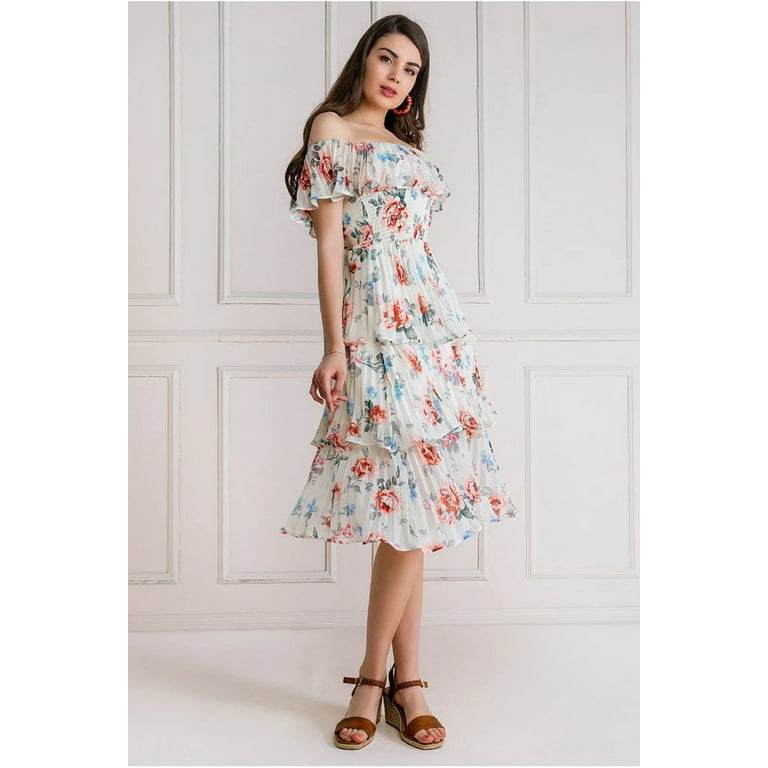 Pleated Bodice Chiffon Tiered Midi Dress Cream 10