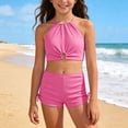 thumbnail image 2 of ZXLBBD Girls Swimsuit Halter Neck Hollow Design Solid Color Tankini Top and Shorts 2 Piece Swimwear Summer Vacation Outfit Casual Beach Pool,Red,13 Y-14 Y, 2 of 7