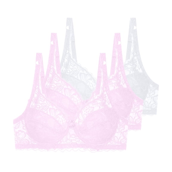 Fatuov Women's Lace Bra with Underwire Full Coverage Breathable T-Shirt Bra for Party, Push Up Supportive Solid Color Lightly Lined Bra 3-Pack, 38B, White