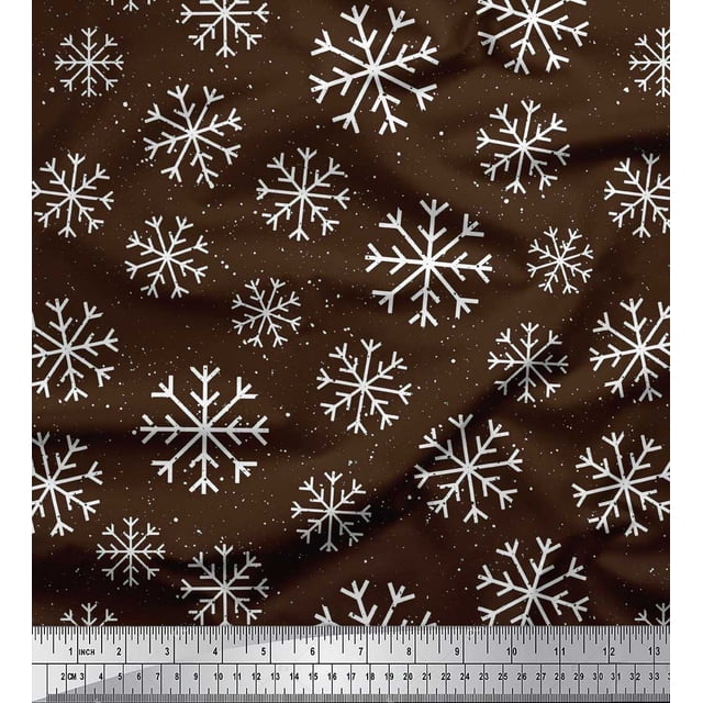 Soimoi Brown Moss Georgette Fabric Snow Flakes Floral Decor Fabric Printed Yard 42 Inch Wide