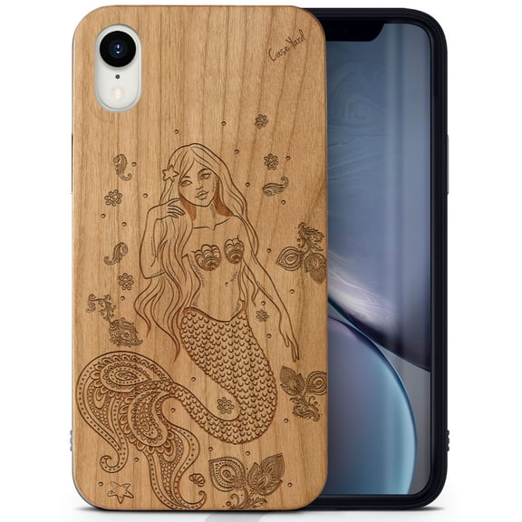 Case Yard Wooden Case Outside Soft TPU Silicone, Slim Fit Shockproof Wood Protective Phone Cover for Girls Boys Men and Women, Supports Wireless Charging Mermaid Design case for iPhone-XR