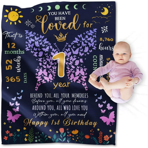 1 Year Old Girl Gifts for 1st Birthday Blanket, 1st Birthday Gifts for One Year Old Girl, Baby Girl First Birthday Gift Blanket, 50"x40" Happy 1st Birthday Throw Blanket, Butterfly