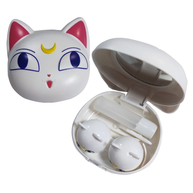 Estuche para lentes de contacto de gato blanco, caja de viaje, Kit contenedor, espejo, botella y soporte para contenedor de pinzas